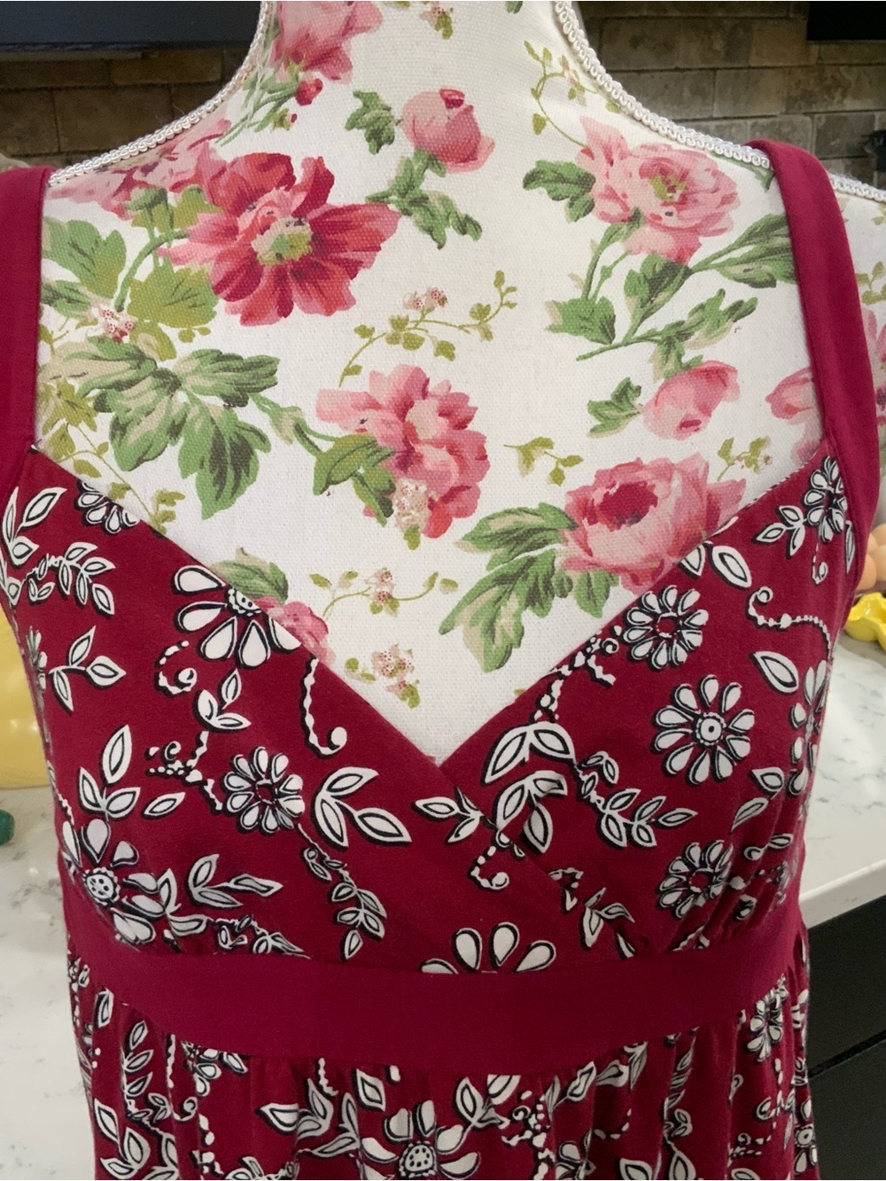Ann Taylor Loft Empire Waist Dress Sz M Stretch Red White Floral Knit Feminine - Picture 2 of 11